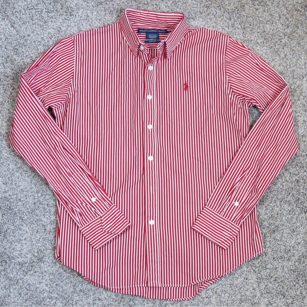 Ralph Lauren Red and White Striped Button-Down Shirt SLIM FIT - Picture 10 of 13